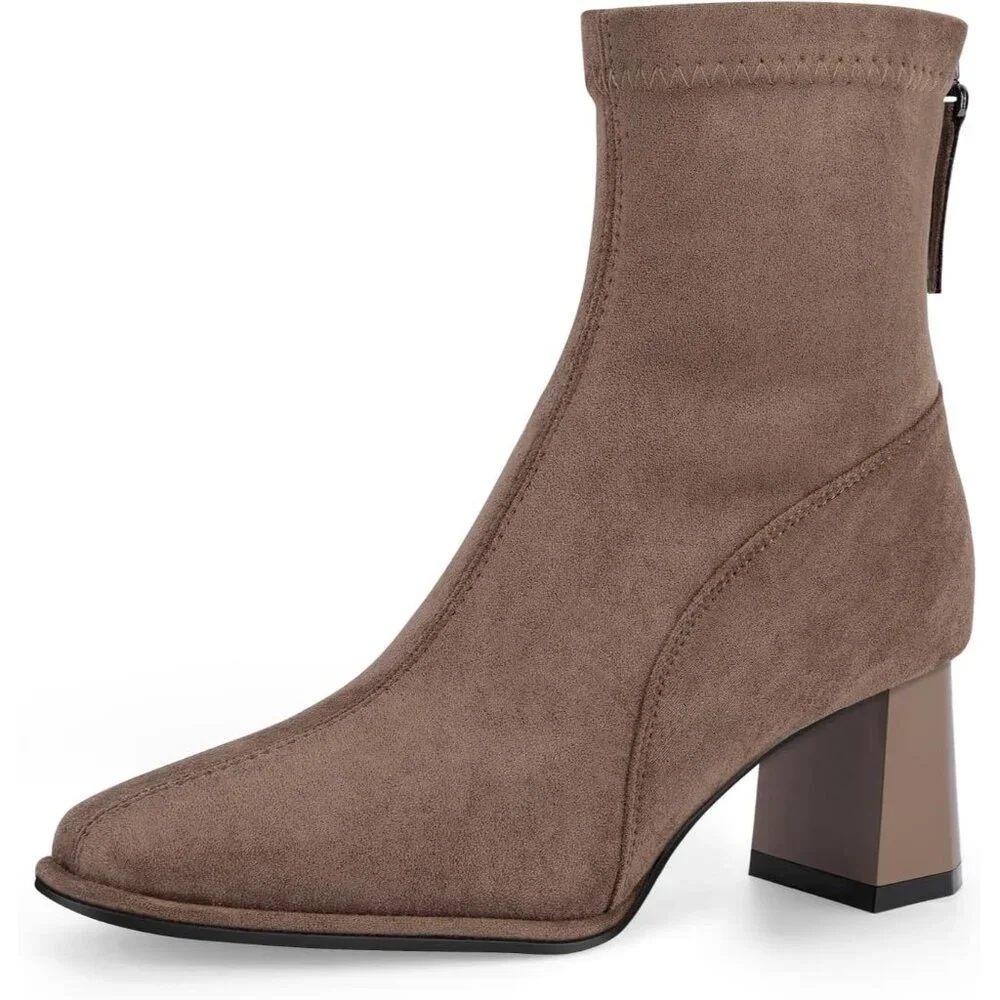 Women's Square Toe Ankle Chestnut Boot Faux Suede Low Brown Heel Chelsea Shoes - Picture 2 of 9